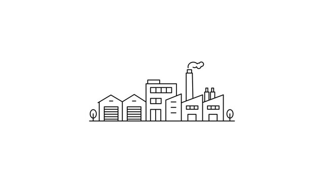 Industrial park factory complex vector icon. Minimalist black line art illustration of warehouses, manufacturing buildings, and smokestacks on a white background for business and logistics.
