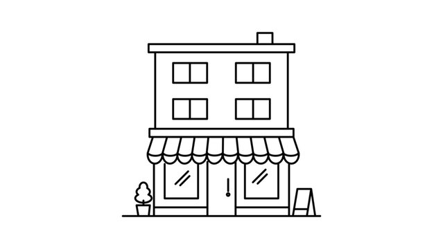 A minimalist black line vector icon illustration of a mixed-use building with a storefront shop and residential apartments, ideal for urban planning, real estate, and small business designs.