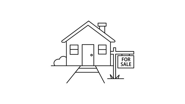 Minimalist black line vector icon of a house for sale with a yard sign, chimney, and pathway. Hand-drawn outline illustration of real estate property listing on a white background for web design.