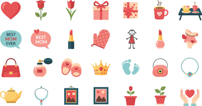 Mothers day vector icon set featuring hearts flowers beauty products gifts and domestic life symbols