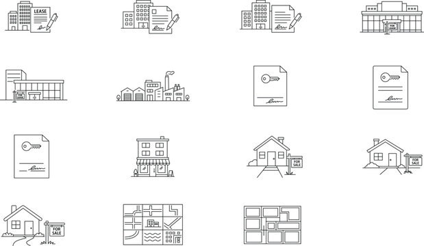 Real Estate and Commercial Lease Vector Icon Set: 15 Minimalist Black Line Illustrations of Office Buildings, Industrial Parks, Houses for Sale, Zoning Maps, and Legal Rental Agreement Documents.