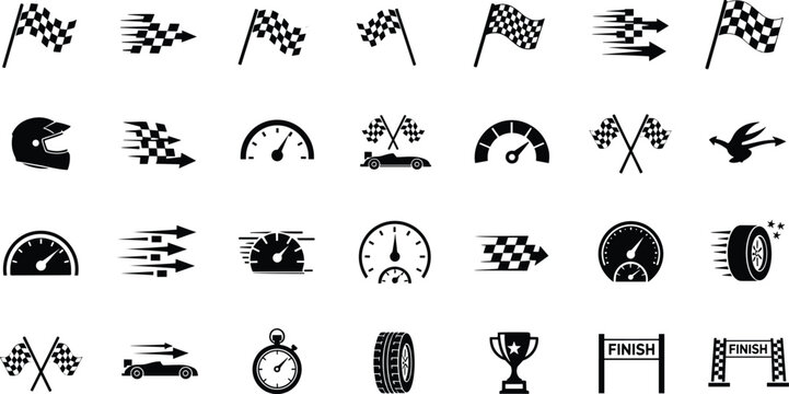 Racing and speed flat design icons set, race car elements and symbols collection