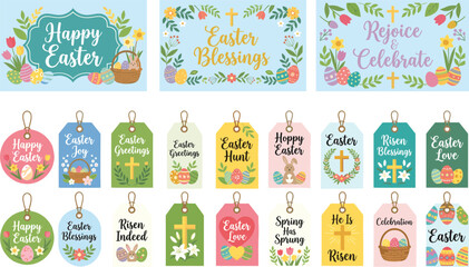 Set of easter greetings with spring holidays symbols and decorated eggs illustration vector design © Crazy Dreamy Boy