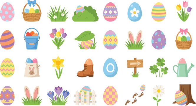 Set of easter elements and decorations with baskets eggs bunnies flowers and spring holiday symbols