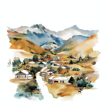 Lesotho Highlands. Lesotho Highlands hand drawn watercolor illustration on white background