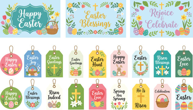 Set of easter greetings with spring holidays symbols and decorated eggs illustration vector design