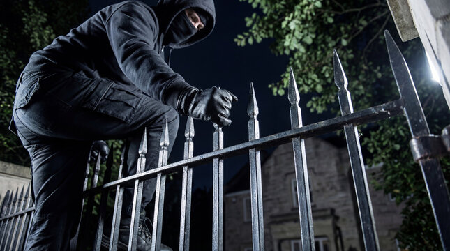 Thief wearing face mask and hoodie climbing over metal fence at night. Man committing burglary or break-in to private property. Criminal activity and security threat concept.