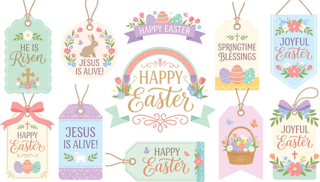 Set of easter tags with festive messages, flowers, eggs, and bunnies, spring holiday theme