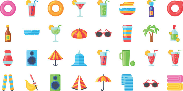 Set of summer beach and vacation flat icons, travel and leisure elements collection