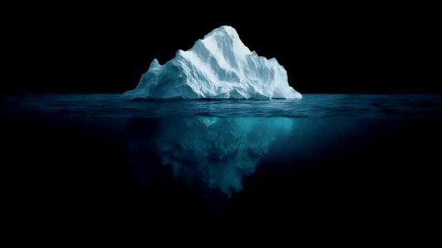 Winter season adventure exploration. A dramatic underwater scene features a large, jagged iceberg floating in deep blue water. The iceberg is illuminated by a soft blue light.