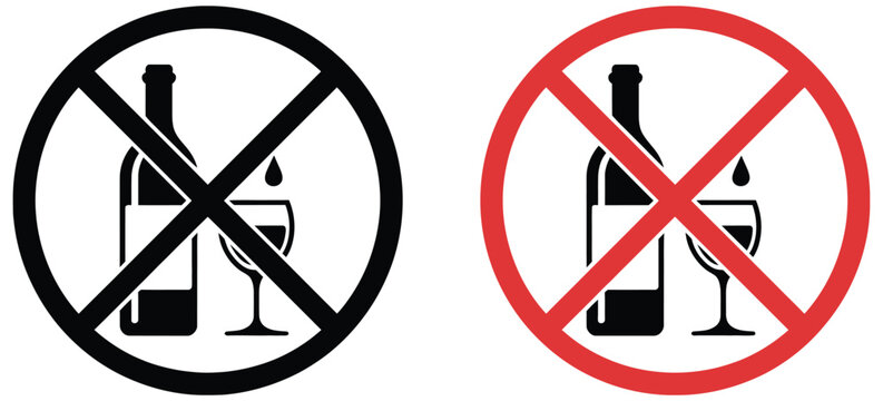 No drinking signs with wine and bottle prohibition, alcohol restriction symbol set, beverage ban warning and safety compliance