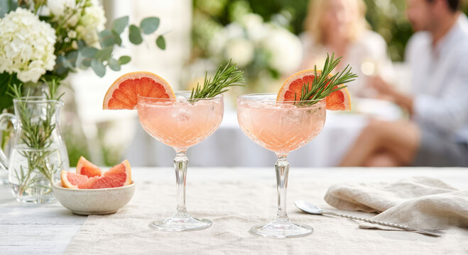 Two elegant grapefruit cocktails garnished with rosemary and citrus slices on a sunlit outdoor table, evoking summer celebration, relax and a romantic moments.