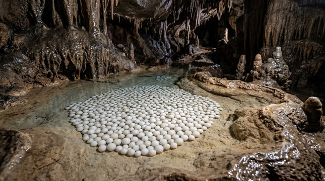Cave Pearl Pool- Smooth, perfectly spherical white calcite -cave pearls- resting in a