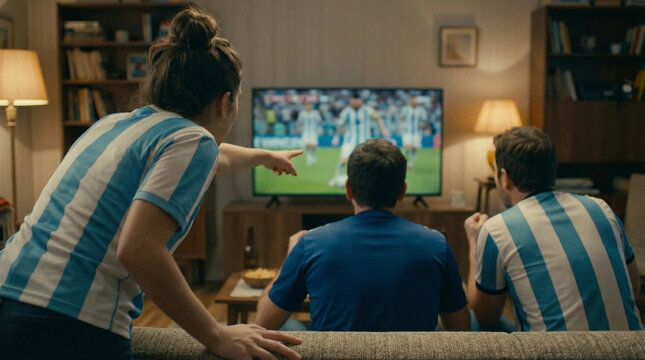 Argentinian supporters watching soccer match at home in blue and white jerseys
