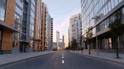 Obraz premium A wide open street lined with towering modern buildings characterized by glass and clean architectural lines