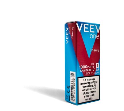 Photo of the packaging for a cherry-flavoured VEEV vape product. VEEV is a brand of electronic vaping devices manufactured by Philip Morris International (PMI).