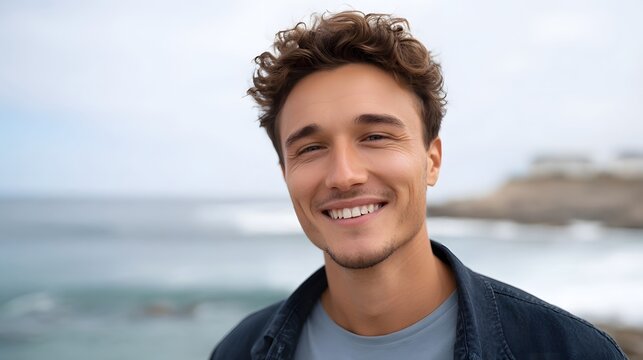 A genuinely happy young man posing for a portrait outdoors with the vast ocean as a serene backdrop