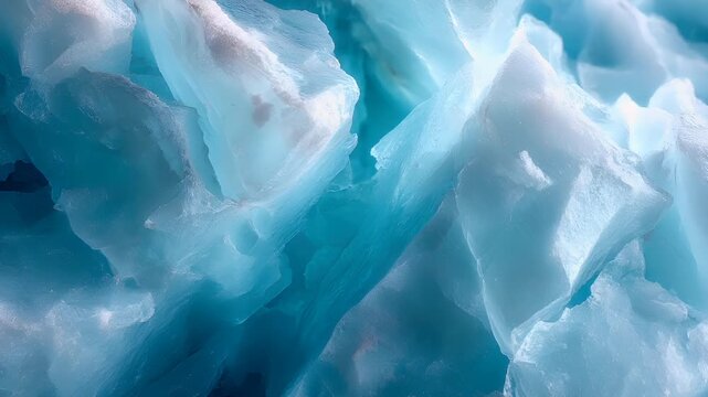 Winter season adventure exploration. A closeup of crystalline ice reveals intricate patterns and textures. The color palette consists of varying shades of blue, ranging from light to dark.