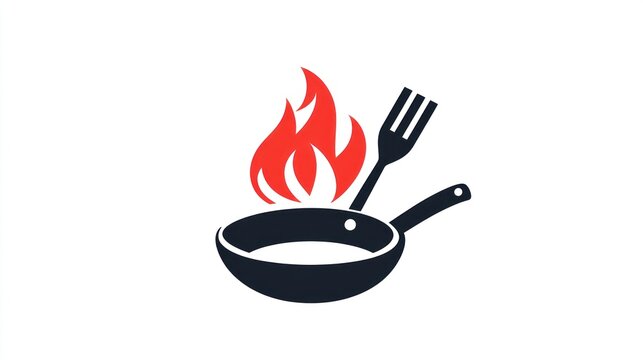 Cooking pan with flames and a fork on a white background