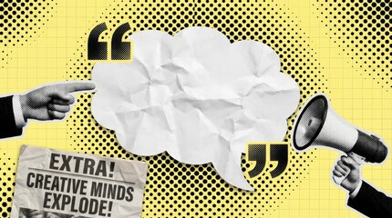 Obraz premium Trendy Halftone Collage Hand showing empty space speech bubble. Megaphone with message and quote symbols. Social media communication and advertising. Mixed Media Halftone Collage