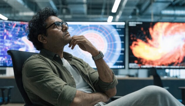 Medium shot of a professional analyzing AIdriven risk modeling on large screens displaying storm event simulations with predictive loss heatmaps background softly blurred.