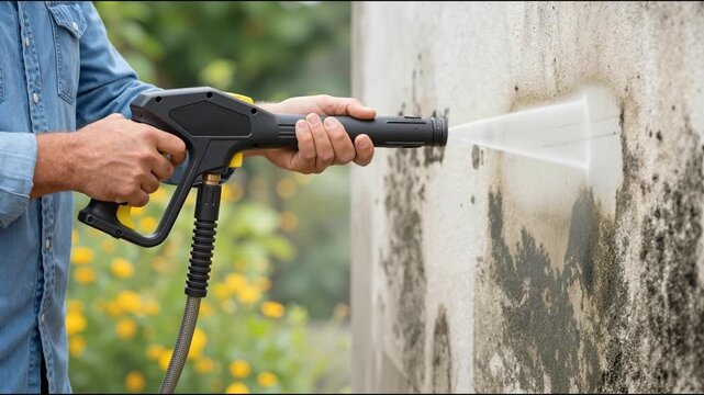 person using high pressure washer to clean mold and dirt from exterior house wall surface outdoors