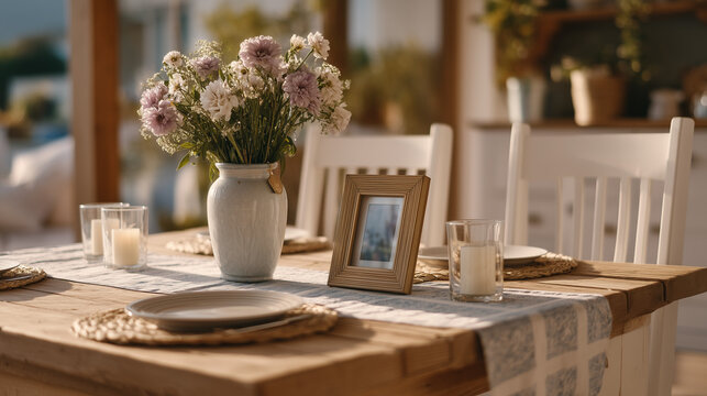 Candlelit Mothers Day dinner table set with spring flowers, empty chair with framed photo of deceased mother, grief and memory, loss on holiday, emotional still life, mother remembrance, grief aware