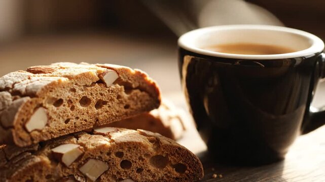 A delicious cup of coffee with almond biscotti on a wooden surface