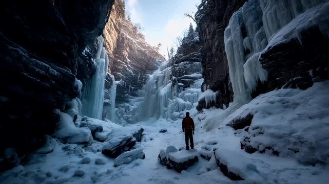 Winter season adventure exploration. A vivid portrayal of a winter wonderland. A person stands in the foreground, facing a cascading waterfall. The person wears a red jacket, dark pants, and a helmet.