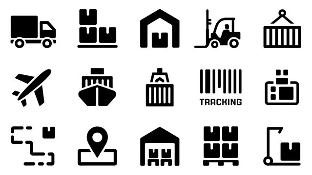 Logistics & Delivery Solid Icon Set &ndash; Shipping, Freight & Supply Chain Collection