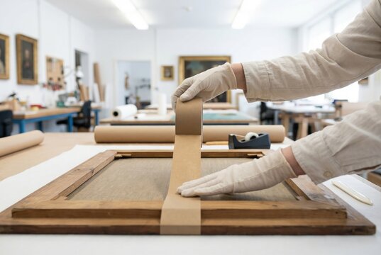 Art conservator wearing white cotton gloves applying brown gummed paper tape to the back of an antique wooden picture frame