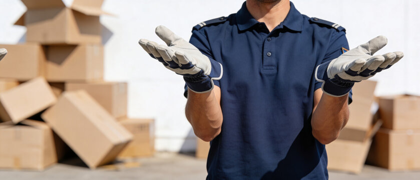 Mover in safety gloves shrugging shoulder with hands in open gesture. Uncertainty or asking for help concept for apartment move.