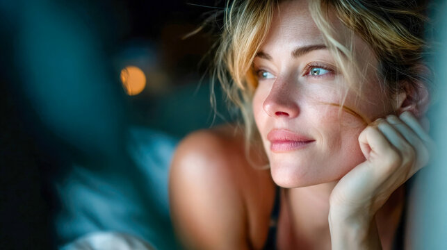 Thoughtful middle aged woman lying awake in bed at night with insomnia and emotional fatigue