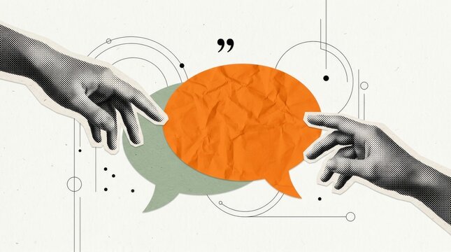 Trendy Halftone Collage with Hands holding two speech bubbles. Social media communication. Contemporary art. Empty space for quote, plan and idea. Halftone Hands, Orange Speech Bubble for Copy Space