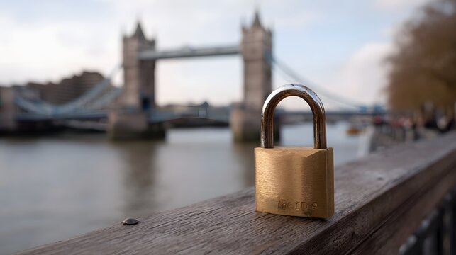 A golden padlock rests on weathered wood overlooking a massive suspension bridge and flowing river