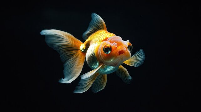 Orange goldfish swims, looks at camera. Studio aquarium shot against solid black