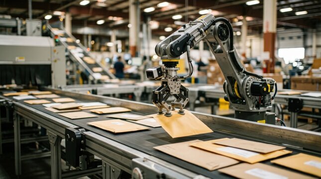 Medium shot capturing conveyor belt transporting claim envelopes robotic sorter arm in crisp focus with blurred background elements.