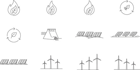 Naklejka premium Minimalist Renewable Energy Vector Icon Set: 12 Hand-Drawn Black Line Icons Featuring Solar Panels, Wind Turbines, Biomass, Hydropower Dam, and Composting for Sustainable Green Power Concepts.
