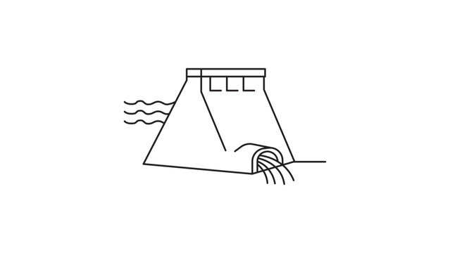 Minimalist black line vector icon of a hydropower dam on a white background. This clean outline illustration shows a cross-section of a hydroelectric power station with water flow and energy