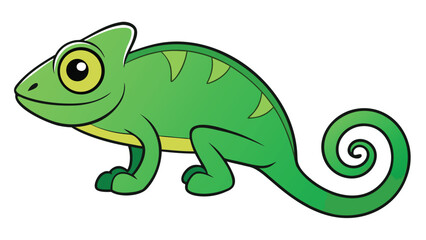 Fototapeta premium A colorful cartoon chameleon with a bright green body and yellow belly sitting on a flat surface with a curious expression and detailed markings on its skin creating a playful and engaging character.