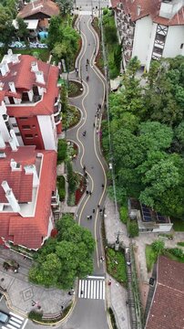 Imagem a&eacute;rea da Rua Torta em Gramado evidenciando curvas acentuadas e paisagismo com vegeta&ccedil;&atilde;o destacando turismo e organiza&ccedil;&atilde;o urbana