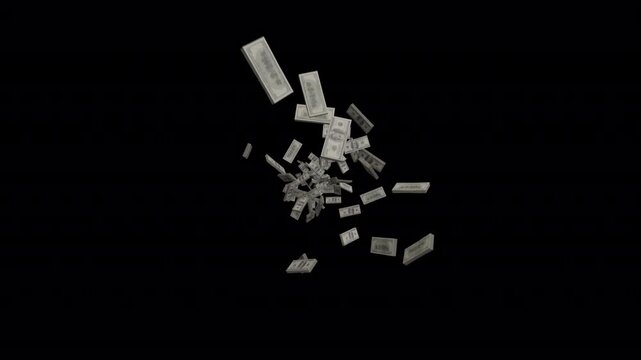 Isolated matte shot of one hundred dollar banknotes exploding outward in slow motion, crisp details, clean black background, no reflections, and including alpha.