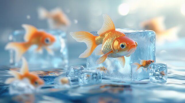 Goldfish swim amidst ice cubes in fantasy underwater scene