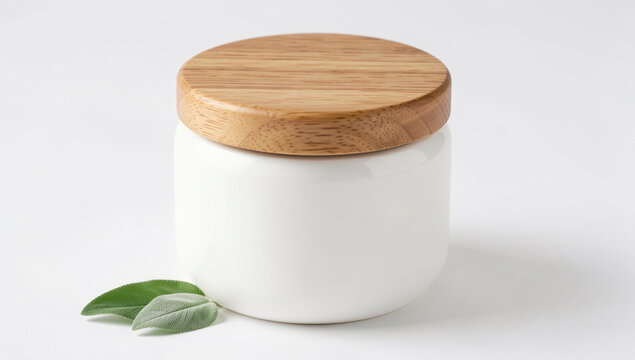 A natural home decor item featuring a white jar with a wooden lid and a green leaf