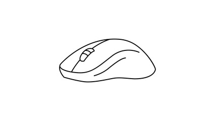 Minimalist black line vector icon of an ergonomic computer mouse. Hand-drawn outline illustration of a wireless optical mouse side profile for technology, office, and gaming hardware design. © Akia