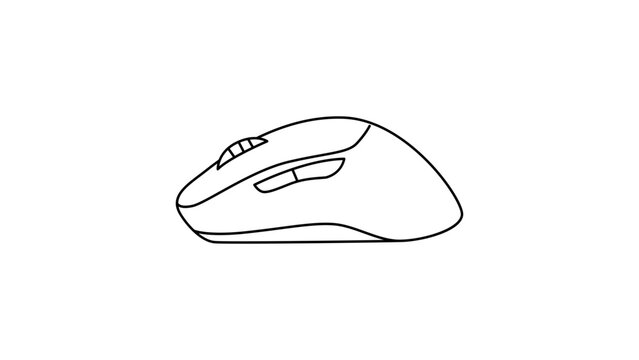 Ergonomic computer mouse vector icon, minimalist black line illustration of a modern wireless gaming mouse side profile, hand-drawn outline design element isolated on white background for web UI.