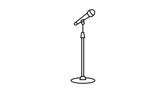 Minimalist black line vector icon of a microphone on a stand, ideal for podcasts, public speaking, music performances, and live events. Clean outline illustration for web design, apps, and media.