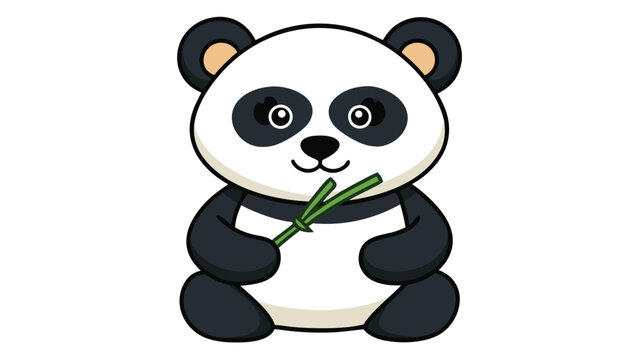 A cute cartoon panda bear sitting down and holding a pair of green bamboo stalks in its paws with a friendly expression on its face in a colorful and playful illustration
