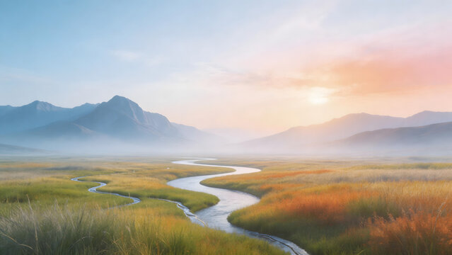 Winding river through grassy valley at sunrise