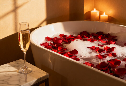 Bathtub filled with foam and red rose petals with champagne flute. Romantic bubble bath for luxury spa treatment and relaxation. Anniversary celebration or Valentine Day evening mood.